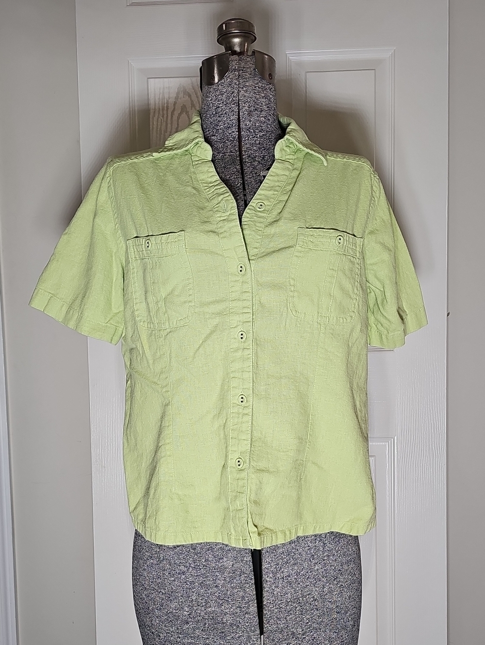 Christopher Banks Lime Linen Rayon Blend Short Sleeve Button Down Shirt Size M